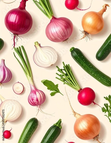 Fototapeta A minimalist abstract background showcasing line art illustrations of vegetables such as onions, radishes, and zucchinis, arranged in a seamless pattern on a light beige backdrop