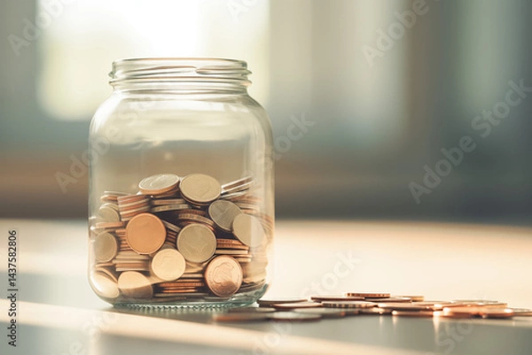 Fototapeta A close-up of coins dropping into a transparent savings jar on soft pastel background,