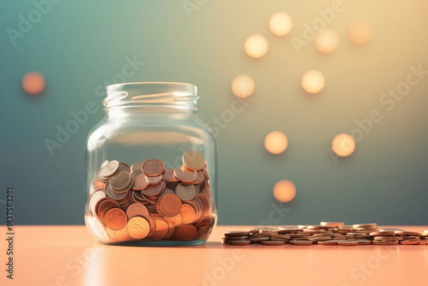 Fototapeta A close-up of coins dropping into a transparent savings jar on soft pastel background, minimal design with focus on small steps leading to financial growth.