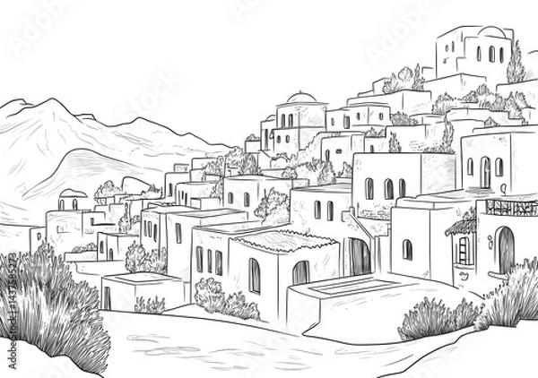 Obraz Sketch of a Greek village, hand-drawn vector illustration with simple lines on a white background