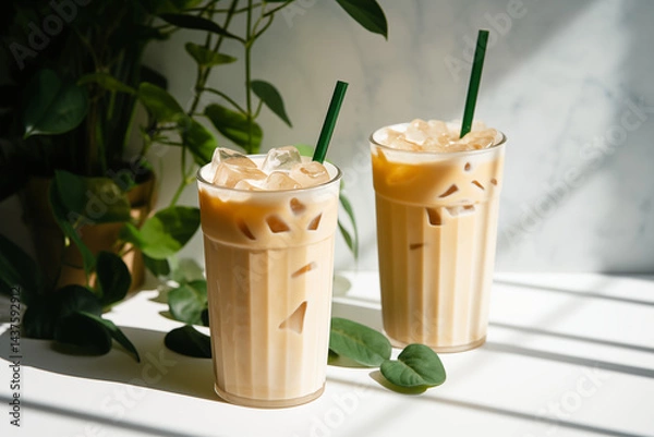 Fototapeta A Iced latte cup surrounded by green leaves, reusable bamboo straw, set on a light stone background 