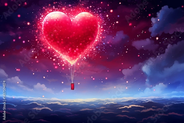 Fototapeta A bright red balloon rising toward the stars in a dreamy twilight sky, soft glowing clouds and sparkles, uplifting design for a banner