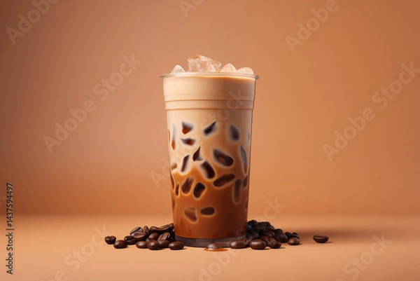 Fototapeta A Iced latte surrounded by coffee beans and ice cubes, futuristic minimal background