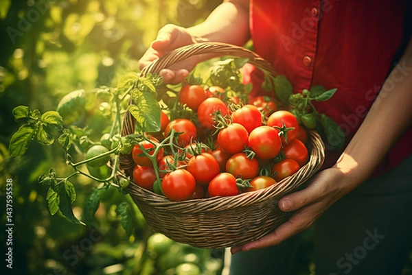 Fototapeta A basket full of freshly picked red tomatoes in a lush green garden, hands of a gardener holding one