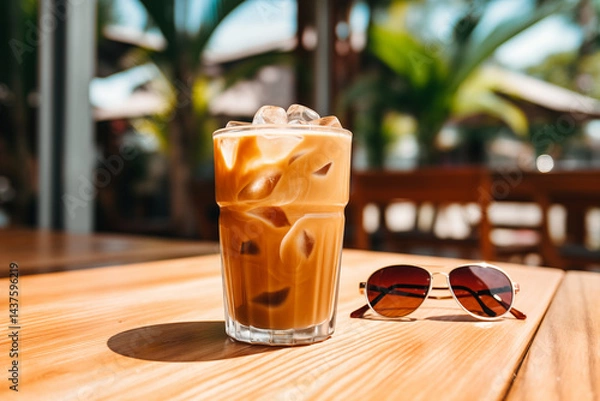 Fototapeta A glass of iced latte sitting on a sunny wooden table with sunglasses, palm leaves, and ocean in the background, summer café aesthetic