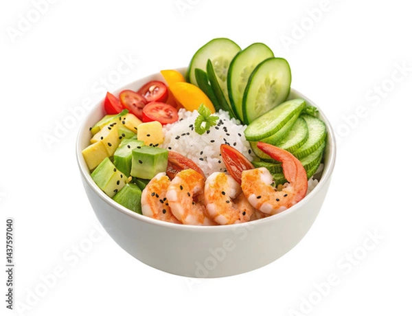 Obraz Shrimp poke bowl with vegetables on a transparent background png food design concept