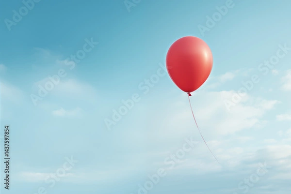 Fototapeta A single red balloon floating peacefully in a soft blue sky with minimal white clouds