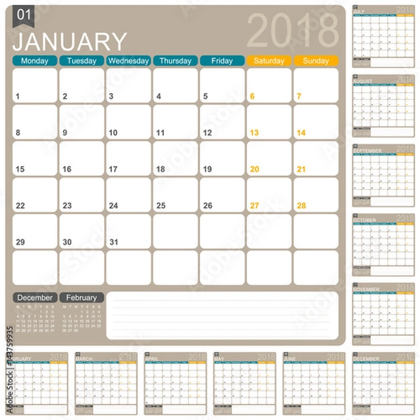 Obraz Calendar 2018 / English calendar template, set of 12 months, week starts on Monday, vector illustration