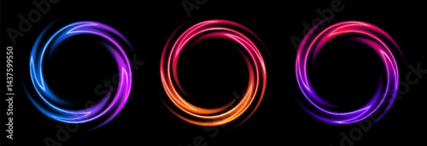 Fototapeta Set of bright neon frames swirl shape with curly dynamic lines isolated on black background. Abstract background. Stock vector futuristic design elements for badges, tags and labels.