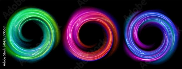 Fototapeta Set of bright neon frames swirl shape with wavy dynamic lines isolated on black background. Abstract background. Stock vector futuristic design elements for badges, tags and labels.
