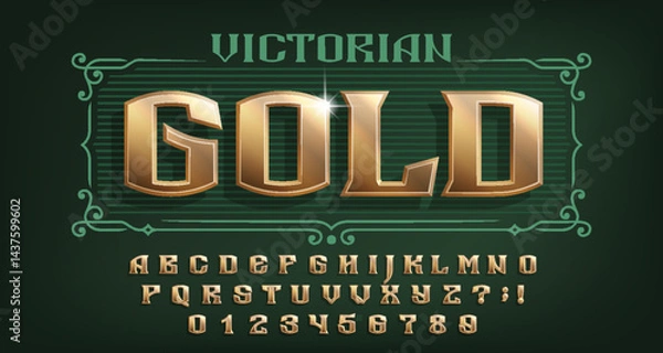 Fototapeta Victorian Gold alphabet font. 3d old letters and numbers. Stock vector typeface for your design.