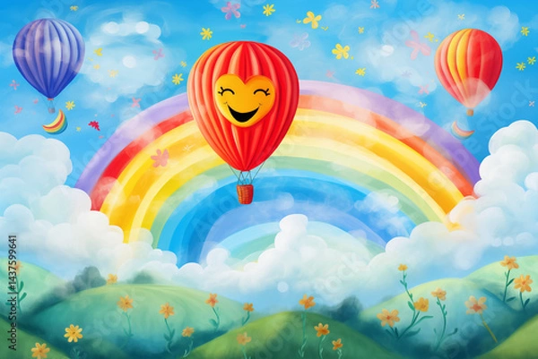 Fototapeta A red balloon with a happy face flying high in a bright blue sky with fluffy white clouds, rainbow trails behind