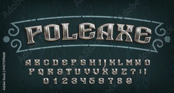 Obraz Poleaxe alphabet font. Medieval metal letters and numbers on a wooden background. Stock vector typescript for your typography design.