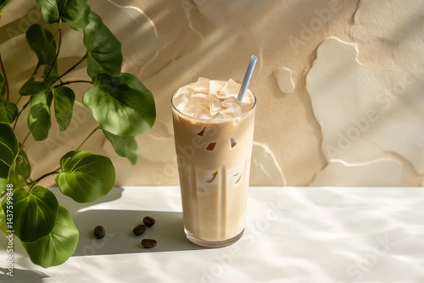 Fototapeta A Iced latte glass surrounded by green leaves, a straw, set on a light stone background 