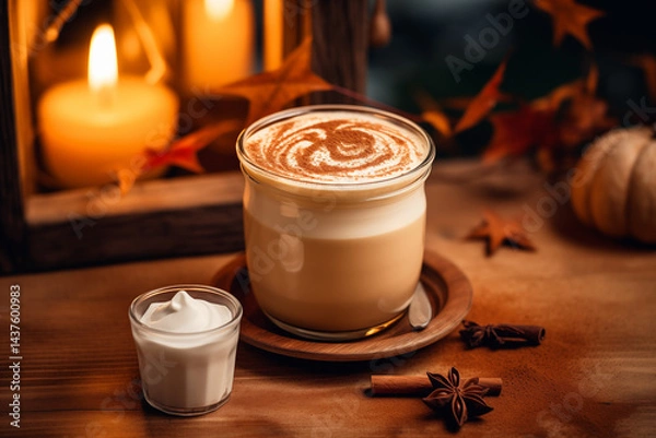 Fototapeta A hot latte with cinnamon stick and vanilla beans beside it, set on a rustic wooden table, warm lighting,