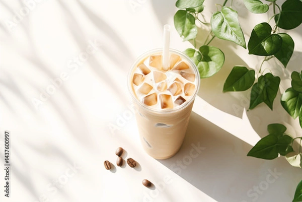 Fototapeta A Iced latte cup surrounded by green leaves, a straw, set on a light stone background 