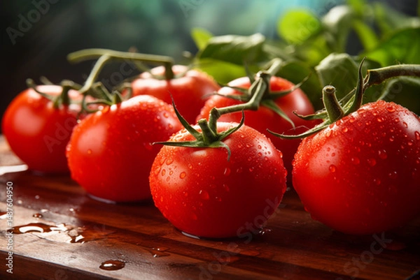 Fototapeta A close-up of red juicy tomatoes with water droplets, sitting on a rustic wooden cutting board with basil leaves, in natural sunlight, high detail food photography,