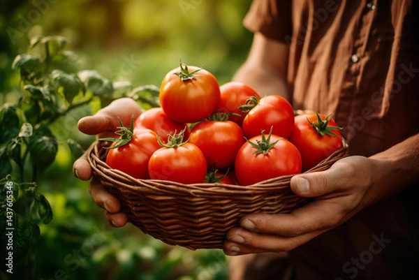 Fototapeta A basket full of freshly picked red tomatoes in a lush green garden, hands of a gardener holding one