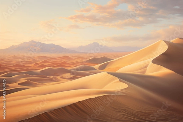 Fototapeta A sense of the desert landscape stretches endlessly, with rolling sand dunes casting long shadows under a vast, pastel-toned sky