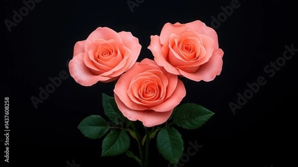 Fototapeta Three Peach Roses Against Black Background