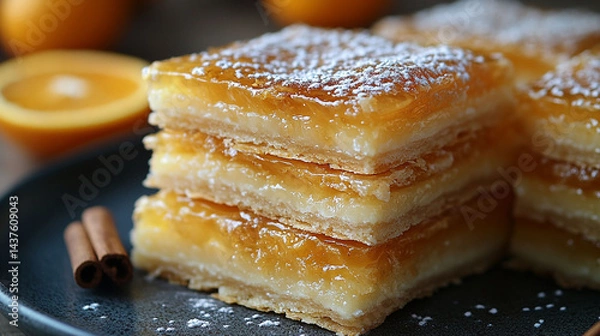 Fototapeta Stacked orange cream bars with powdered sugar topping. Layers of buttery shortbread, orange zest custard, and sweet pastry.