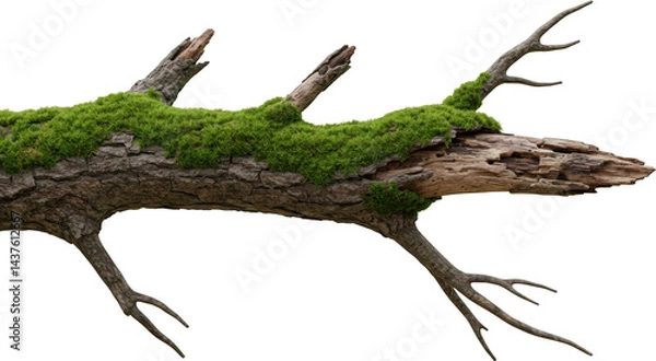 Fototapeta Mossy tree branch aged wood texture nature forest isolated transparent background