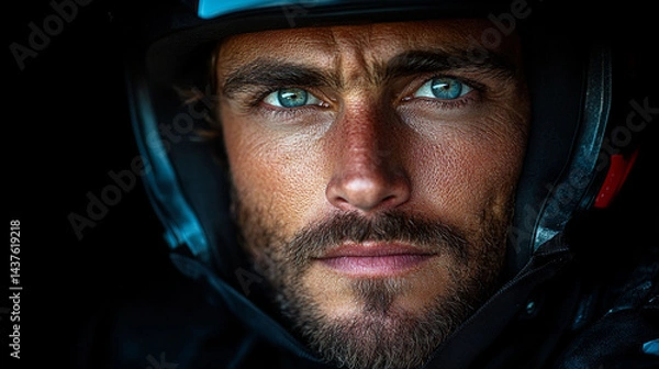 Fototapeta Close-up portrait of a man wearing a motorcycle helmet, intense gaze, and serious expression.