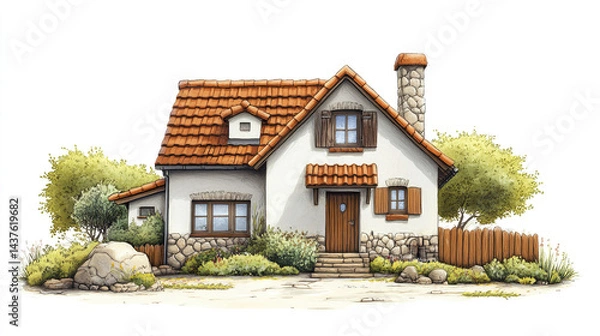Fototapeta charming farmhouse with rustic design, featuring stone chimney and vibrant greenery