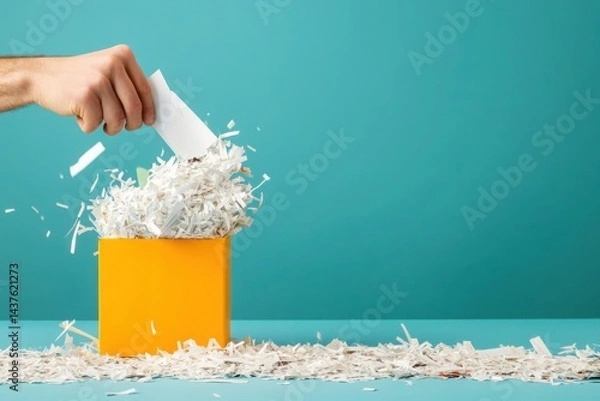 Fototapeta Hand throwing white paper into orange box overflowing with shredded documents, blue background, concept of data protection, information security. Copy space
