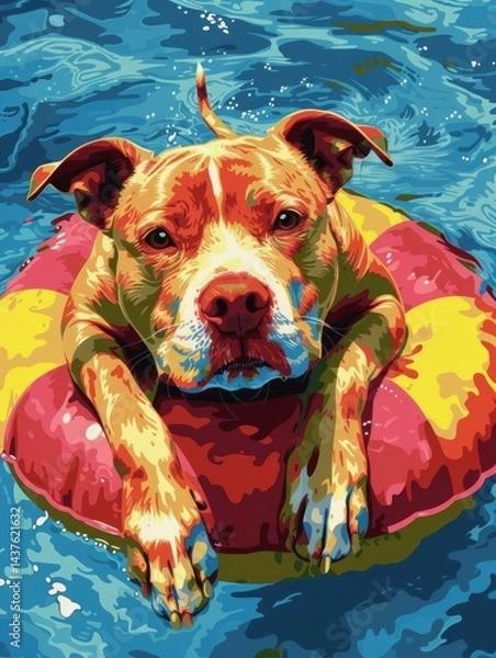 Obraz A playful dog wearing a bright bow tie, floating on a colorful inflatable ring in a vibrant swimming pool
