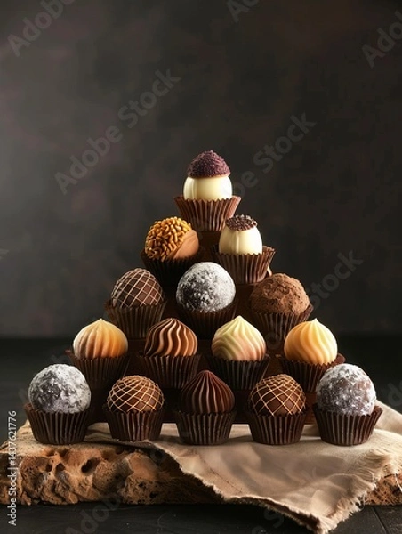 Obraz A pyramid-shaped arrangement of truffle-like desserts displayed elegantly