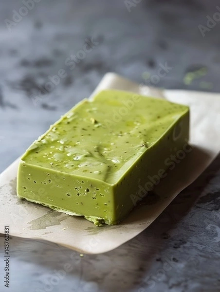 Fototapeta A rectangular block of dessert, a pistachio or matcha blondie or fudge, displayed on a piece of parchment paper.