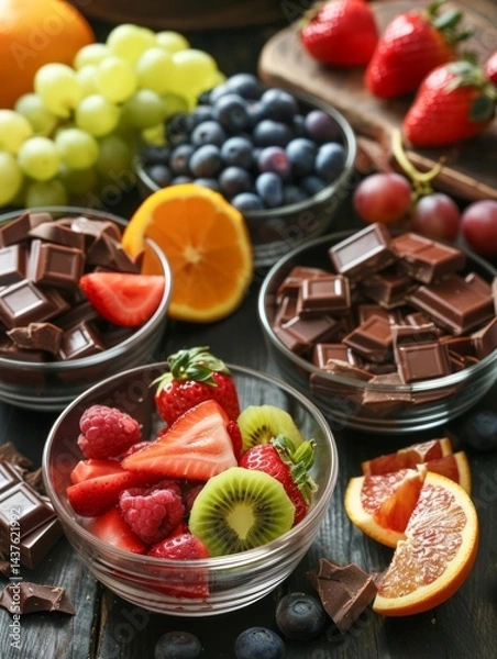 Obraz Fruits and other ingredients, such as strawberries, blueberries, kiwi, grapes, orange slices, caramel pieces, and chocolate chunks