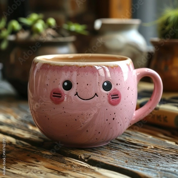 Fototapeta The cup and has a cheerful face with big eyes, rosy cheeks, and a smiling expression, giving it a cute and playful appearance