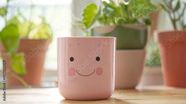 Fototapeta The cup and has a cheerful face with big eyes, rosy cheeks, and a smiling expression, giving it a cute and playful appearance