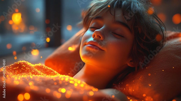 Fototapeta A child peacefully sleeping, bathed in warm, golden light, with ethereal sparkles.