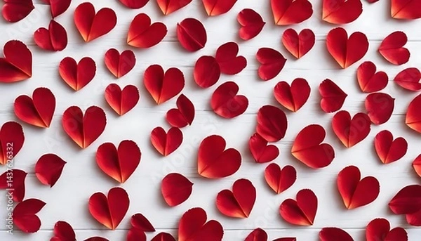 Fototapeta Scattered red heart shaped rose petals on a white wooden surface creating a love themed pattern