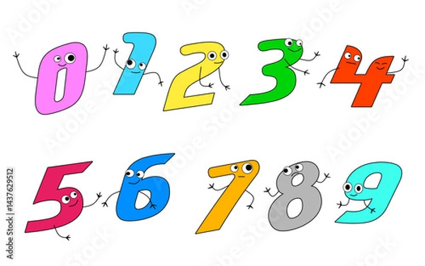 Fototapeta Colorful and Playful Cartoon Number Characters from Zero to Nine, Each with Googly Eyes, Arms, and Legs on a White Background, Ideal for Children's Learning and Educational Materials