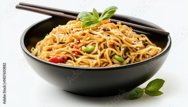 Obraz Bowl of savory,  noodles with vegetables.  Chopped vegetables and seasonings blend with  tender noodles.  Aromatic,  delicious dish