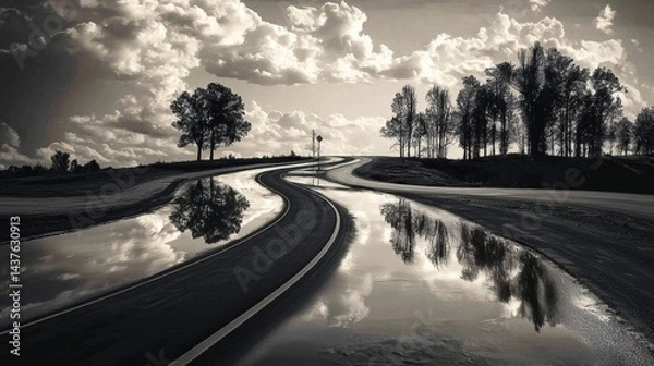 Fototapeta Scenic winding road reflecting clouds in a puddle.