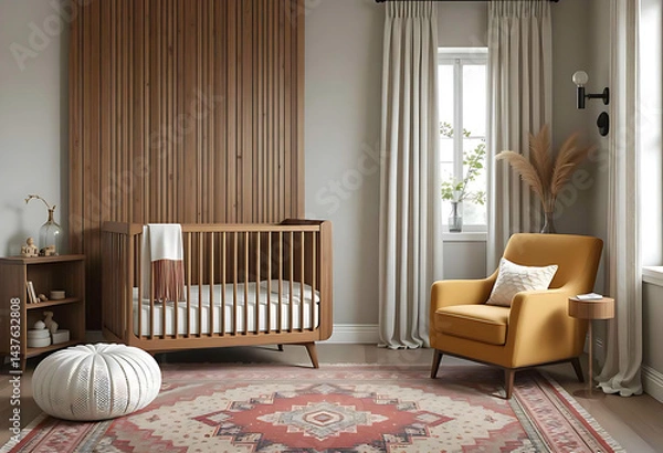 Fototapeta Stylish Modern Nursery Room with Wooden Crib, Orange Armchair, Patterned Rug, and Wooden Accent Wall - Cozy Interior Design
