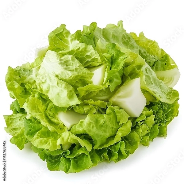 Fototapeta The fresh cut romaine lettuce displays crisp green leaves with refreshing white stems and textures are highlighted against a clean white studio background outdoors.