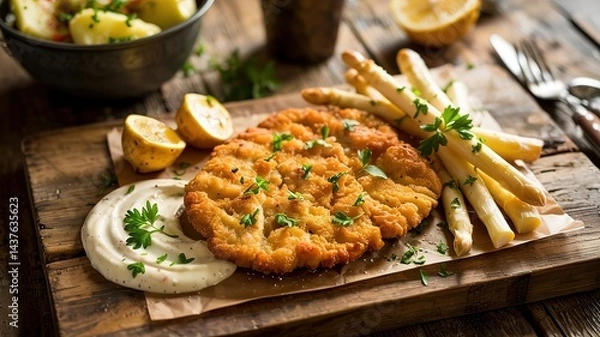 Obraz Breaded Schnitzel with Asparagus and Potatoes on Wooden Board
