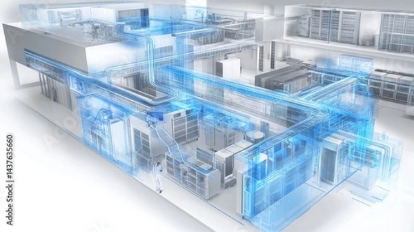 Fototapeta Modern Digital Data Center Infrastructure with Blue Network Visualizations and Server Equipment