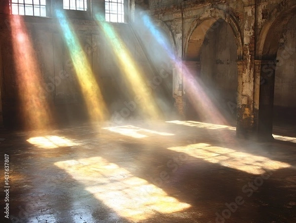 Fototapeta Sunbeams illuminate a derelict building's interior