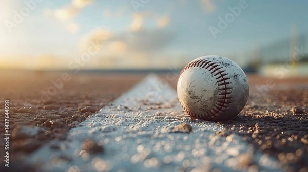 Fototapeta A baseball is sitting on the ground in front of a white line