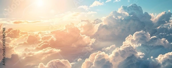 Fototapeta The sky is filled with fluffy white clouds and the sun is shining brightly