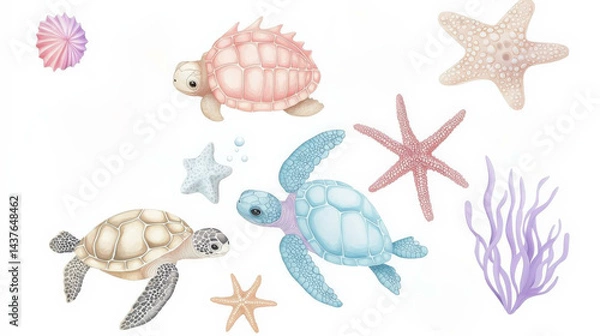 Fototapeta Cute and soft pattern illustration of marine animals, turtles, in there environment , isolated on white background