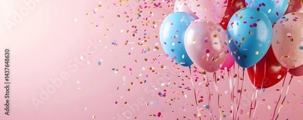 Fototapeta A bunch of balloons with confetti falling around them, creating a festive