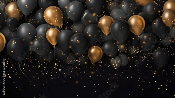 Fototapeta A black and gold balloon display with a lot of gold balloons